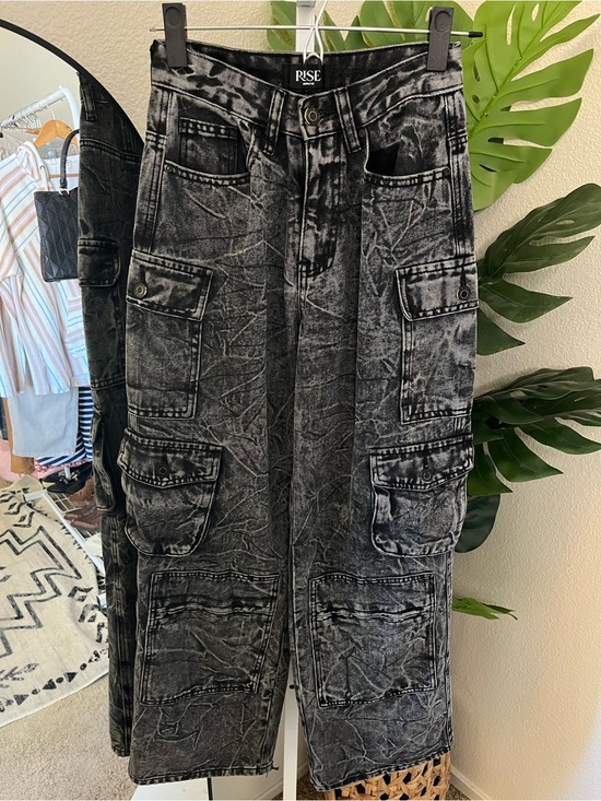Risen Jeans Denim - 🖤 RISE Supply Co. Black Acid Wash Wide Leg Cargo Jeans Size 3